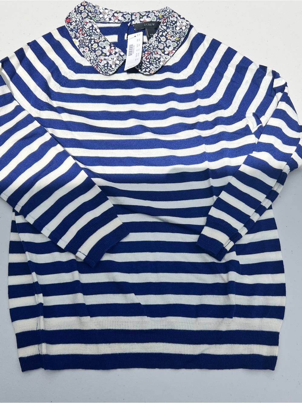 J. Crew Navy and White Striped Merino Wool Sweater with Floral Collar-xxl